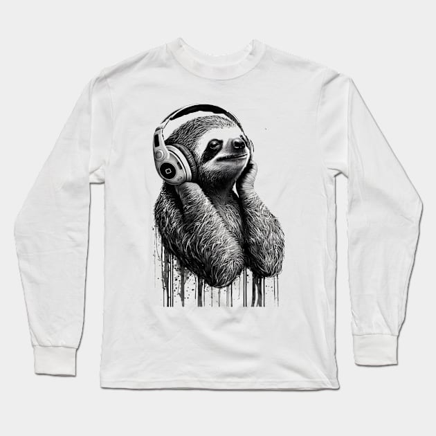 Sloth Painting Wearing Headphones in Black and White Long Sleeve T-Shirt by ArtisticCorner